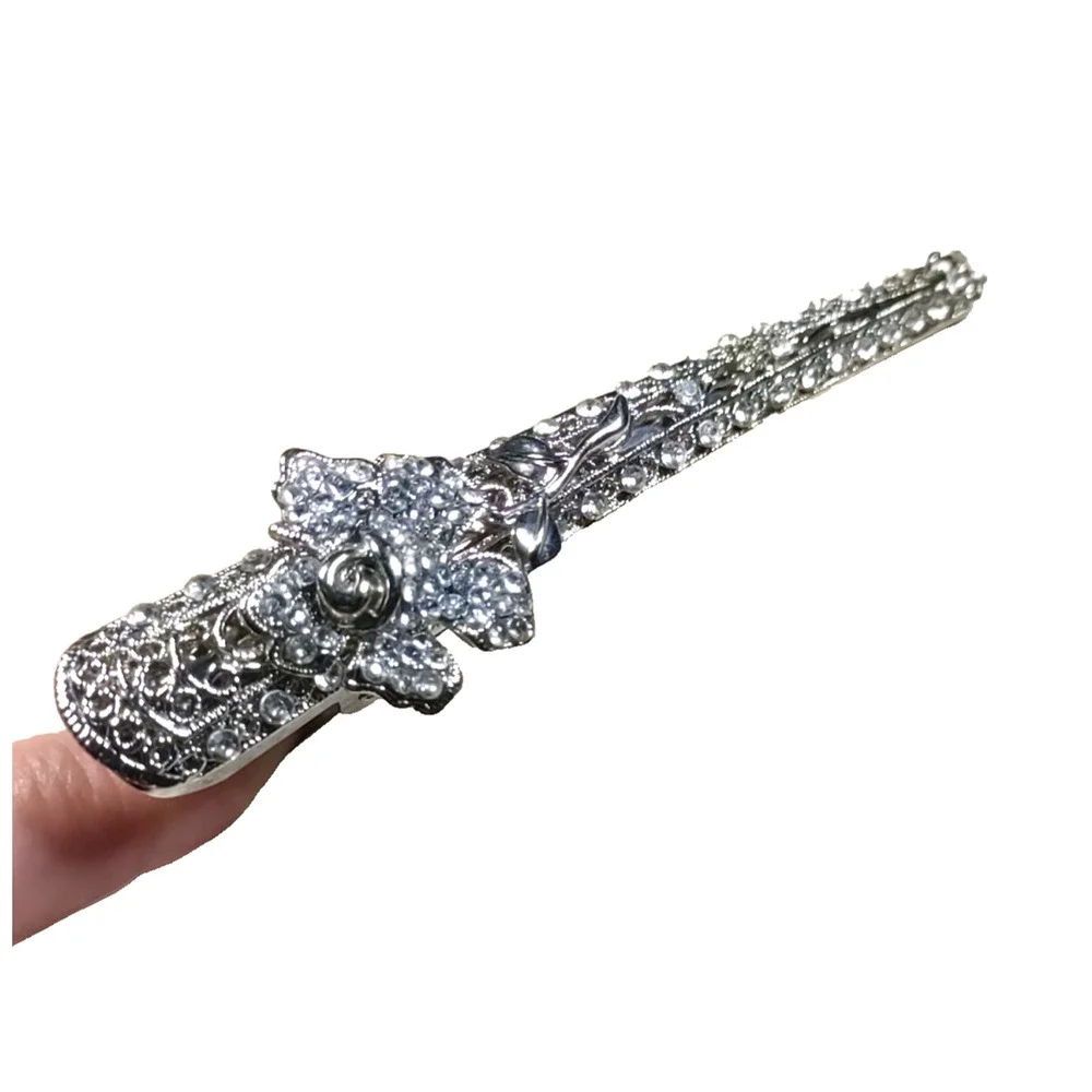 Hair Clip Barrette Silver Tone Rose Rhinestone Elegant Feminine
